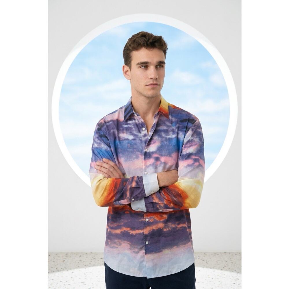 INC Unisex Shirt Lightweight Large Button Down Unique Sunset Watercolor design - Picture 2 of 11